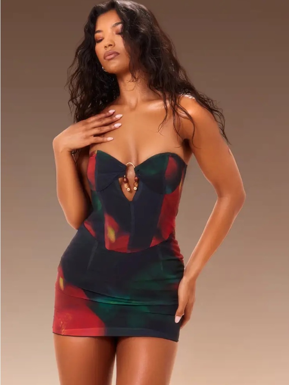 PrettyLittleThing Strapless Abstract Print Mini Dress - Red Green Black